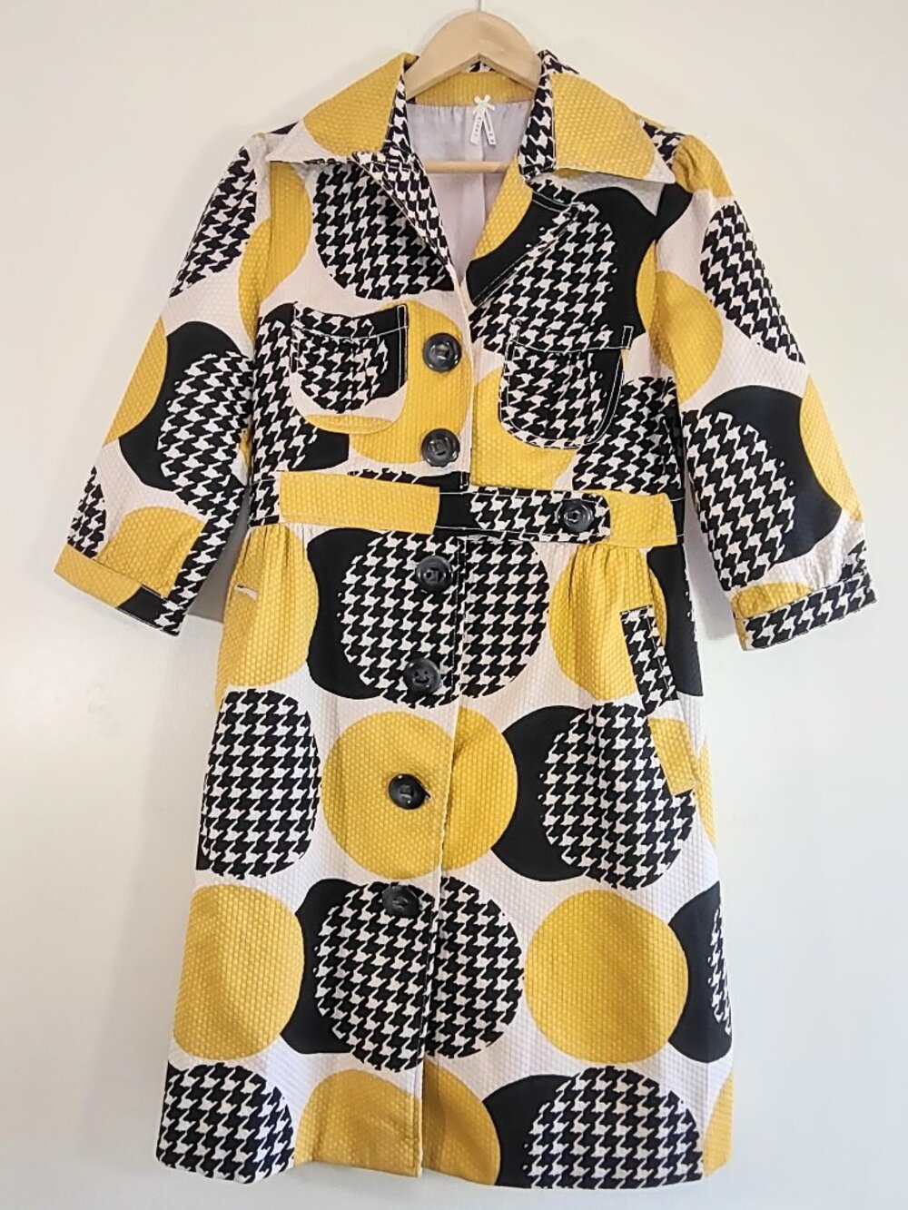 Lapis Retro Houndstooth Belted Trench Coat Medium Geo MOD Timeless Vintage Style